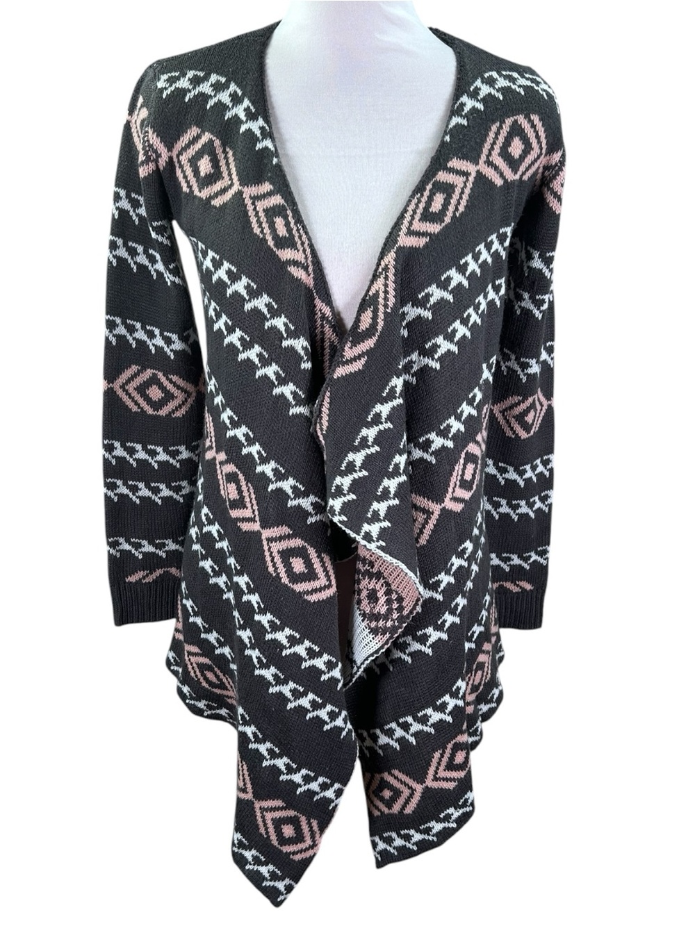 Full Tilt Southwestern Cardigan Women’s M Charcoal Pink Aztec Waterfall Draped
